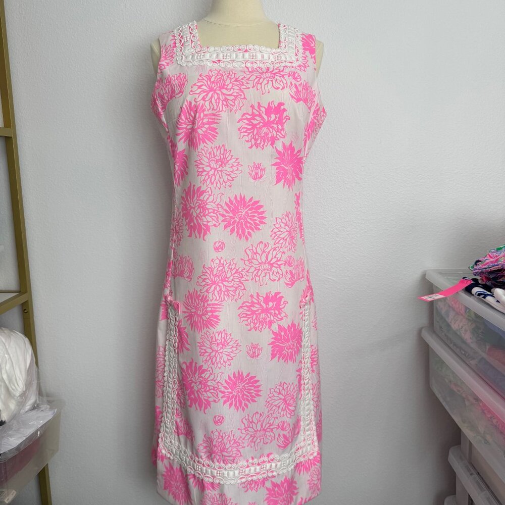 Lovely "The Lilly" Lilly Pulitzer Pink Floral Dress Crochet Detail Vintage Sz 14